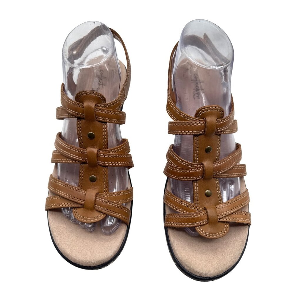 Clarks Size 10 Tan Casual Open Toe Strappy Sandals Backstrap Cushioned Sole